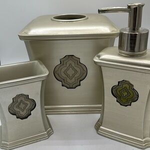 Three-piece bathroom set: tissue cover, toothbrush holder, and soap dispenser
